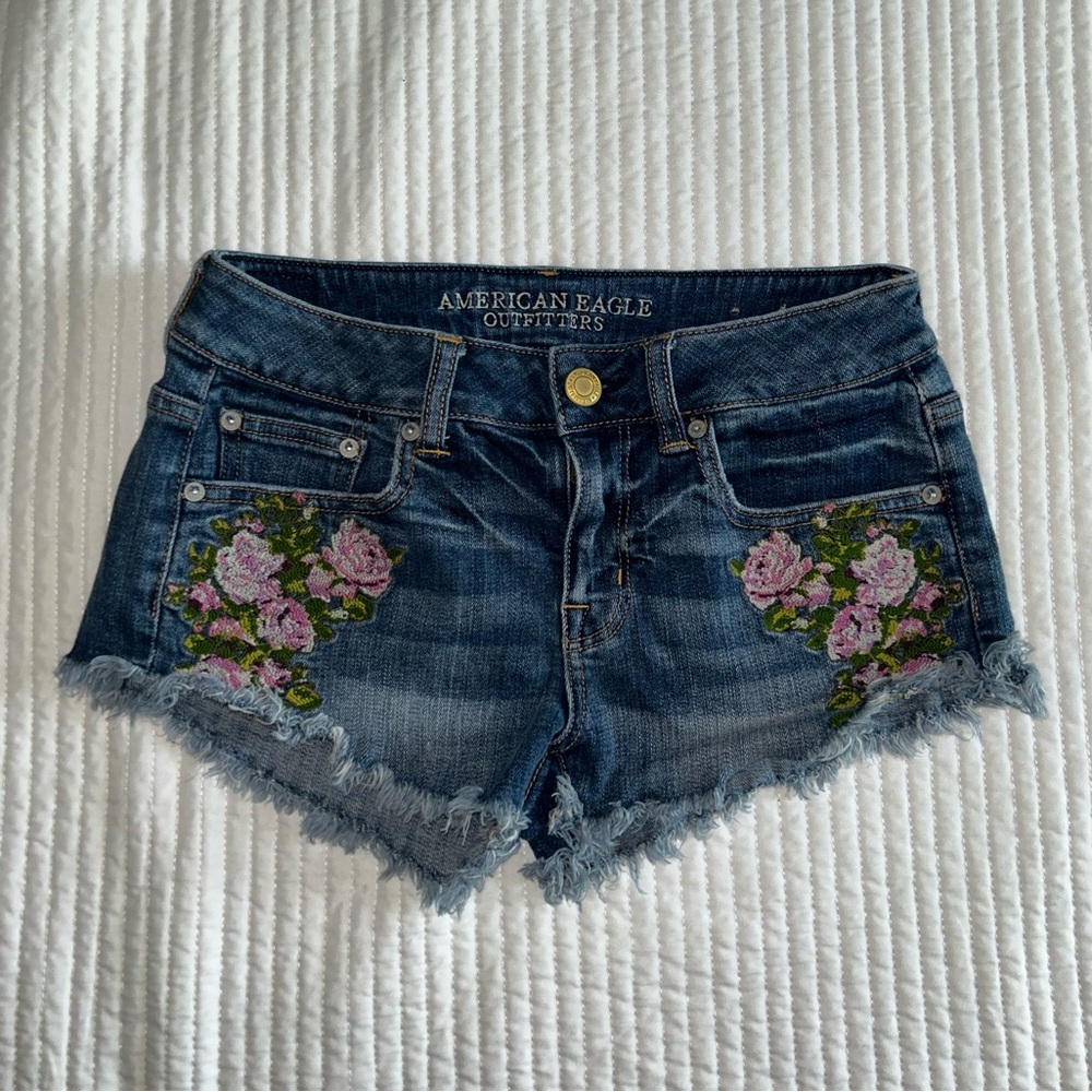 American Eagle Outfitters Dark Blue Jean Shorts with Pink Floral Design